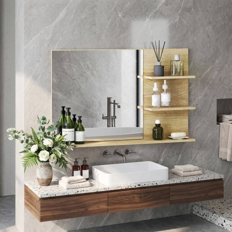 kleankin Espejo de Baño de Pared con 2 Estantes Laterales y Estante Inferior para Entrada Pasillo 75x10x48 cm Madera Natural