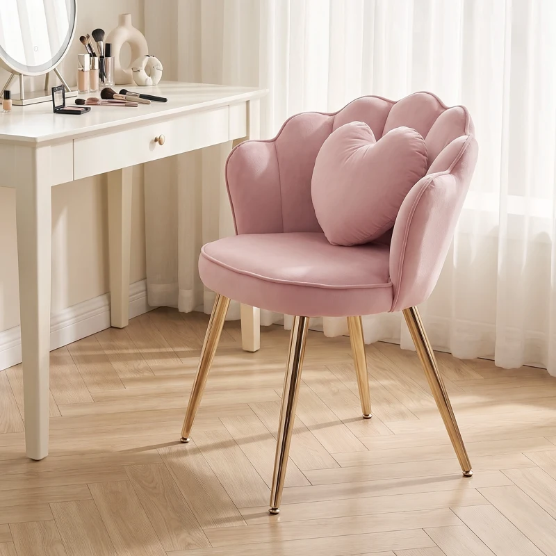 HOMCOM Accent Chair Velvet Upholstered Armchair Lotus Back Heart Pillow Lumbar Pillow Metal Legs Soft Pink