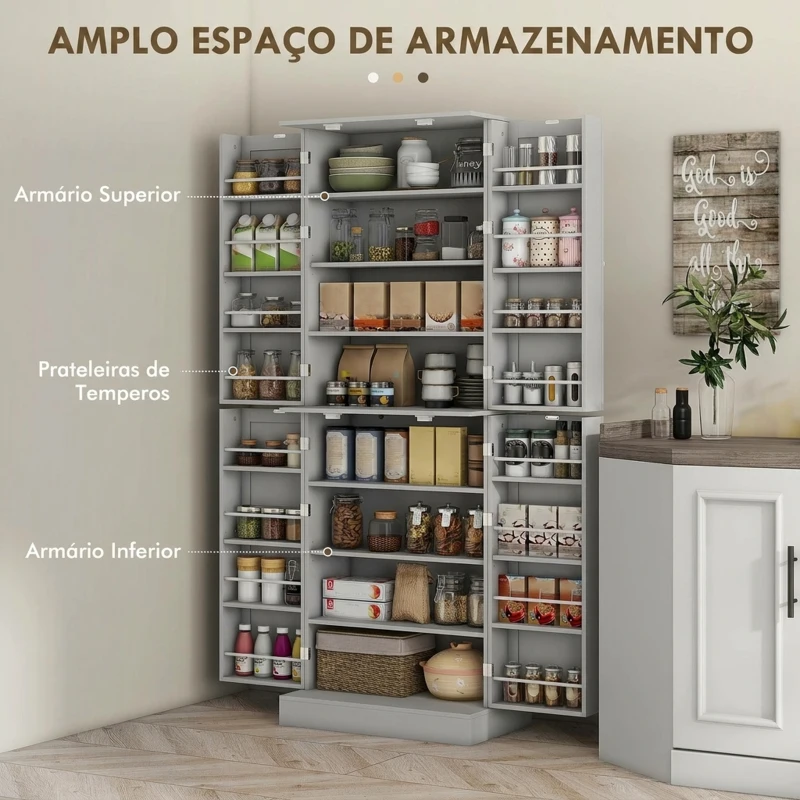 HOMCOM Armário Despenseiro de Cozinha com 4 Portas e Prateleiras Ajustáveis para Sala de Estar e Sala de Jantar, Cinzento