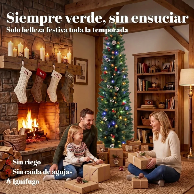 HOMCOM Árbol de Navidad Estrecho con 170 Luces LED Bicolor 180 cm 351 Ramas Ignífugas 11 Modos Piñas Bayas Rojas Mando Verde