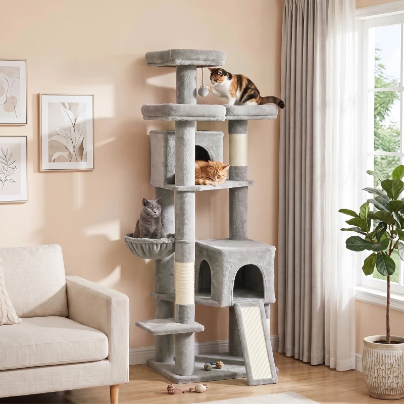 PawHut Kratzbaum Groß 184 cm hoch Katzenbaum mit 3 Kratzstämmen Liegeflächen Spielball Hängematte Leiter, Katzen unter 6 kg