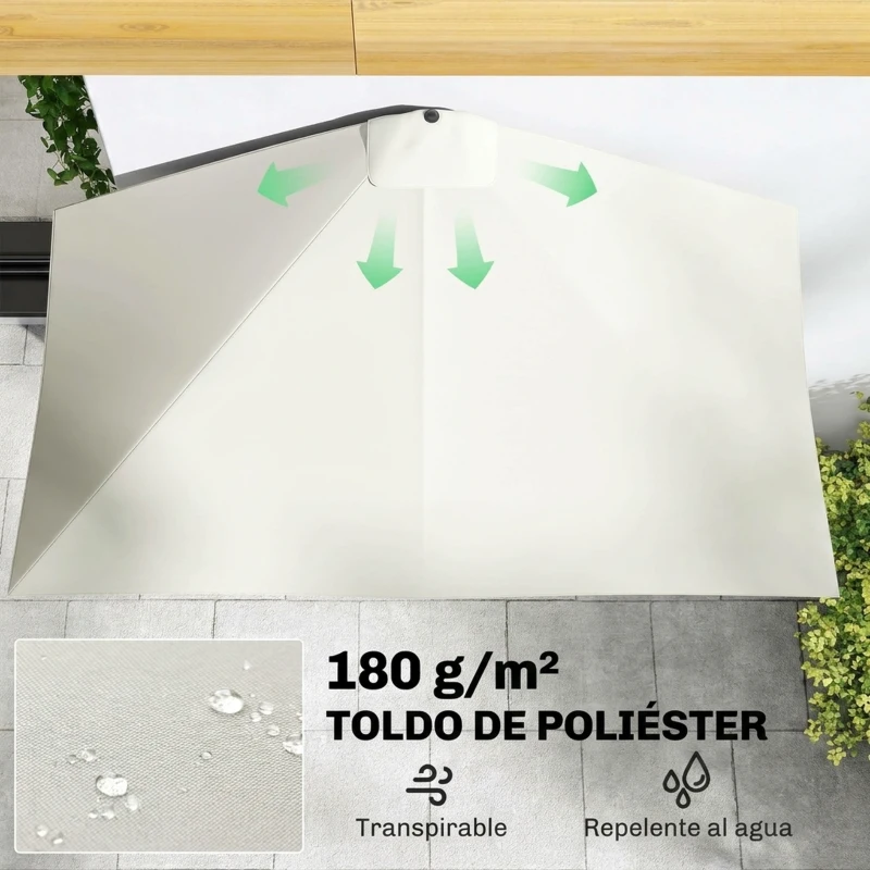 Outsunny Sombrilla Rectangular 230x130x245 cm Parasol para Pared Media Sombrilla con Manivela Protección UV 30+ Impermeable Tela Poliéster180 g/m² para Balcón Terraza Jardín Beige