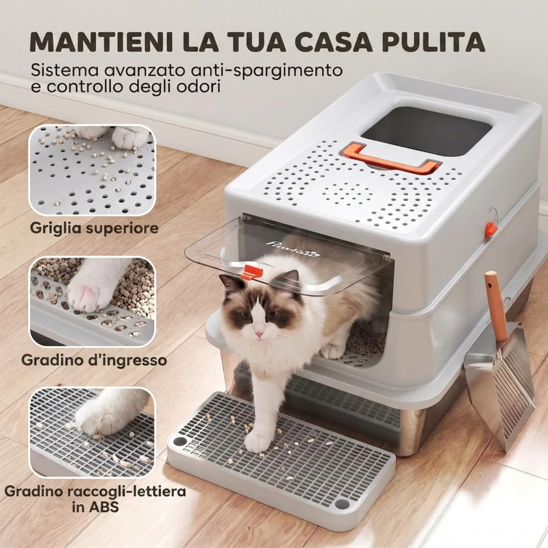 PawHut Lettiera Gatti Acciaio Inox con Coperchio, XL 90 L, Chiusa con Gradino, Paletta, Bordi Alti, Grigio Chiaro