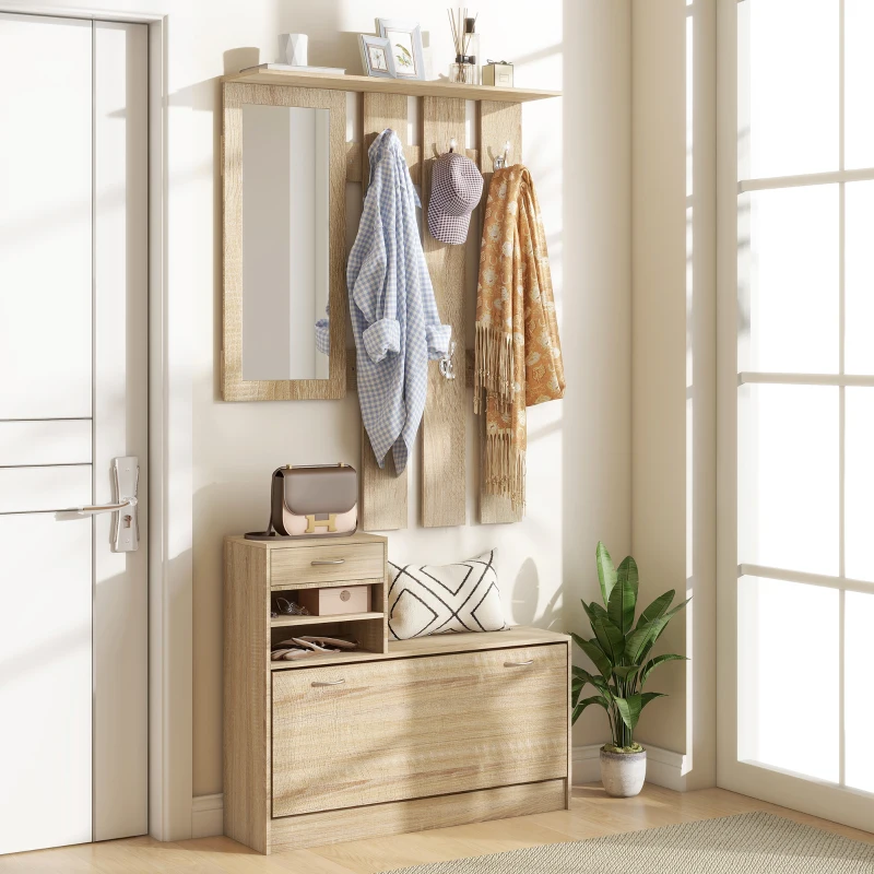HOMCOM Meuble d'entrée vestiaire panneau porte-manteau, miroir et banc à chaussures - 6 crochets 90x10x91cm effet bois naturel