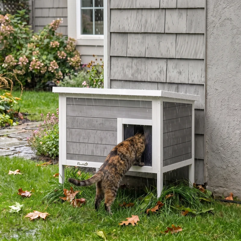 PawHut Outdoor Cat House, Insulated Cat Shelter with Insulated Liner, Waterproof Asphalt Roof, Escape Door, Opening Top