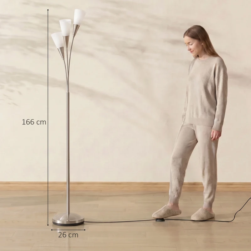 HOMCOM Lampadaire salon 40 W Lampadaire avec interrupteur au pied, 3 x douille E14 pour chambre, bureau, sans ampoule, argent