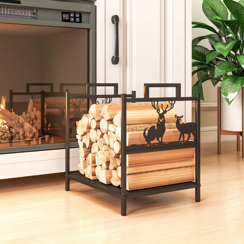 Outsunny Estante de Leña Metálico con Asas 42,5x33,5x43 cm Soporte de Madera para Chimenea para Jardín Terraza Negro