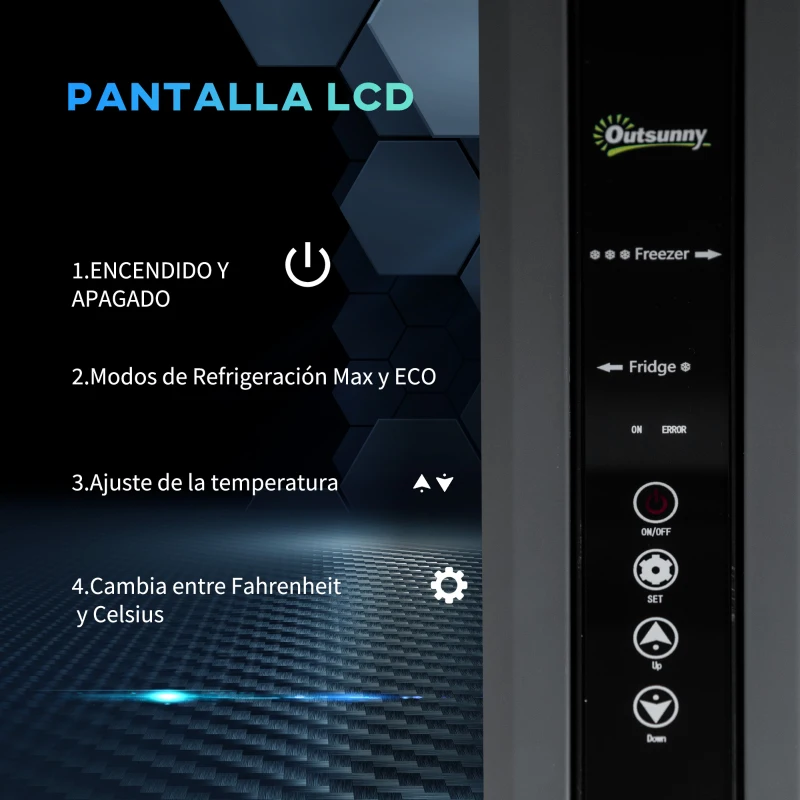 Outsunny Nevera de Coche 45L 12V/24V hasta -22℃ con Compartimento Congelador Pantalla LED Táctil Ruedas 63,2x42x50,8cm Negro