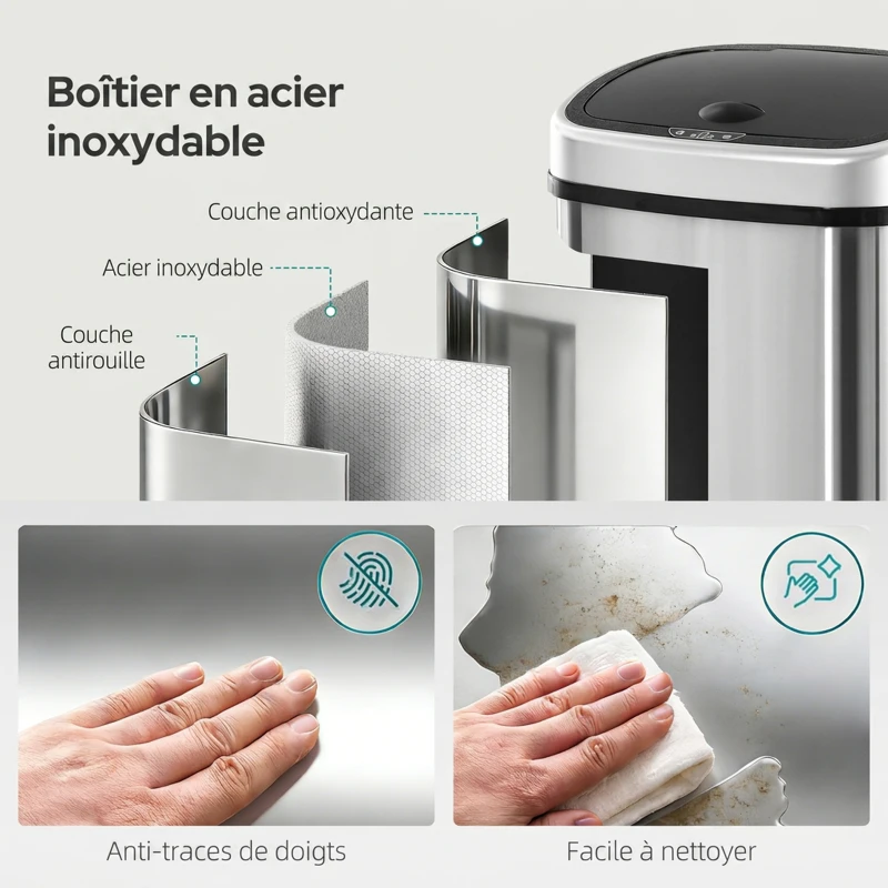 HOMCOM Poubelle de Cuisine Automatique 58L en Acier Inoxydable, Mouvement Sans Contact ou Ouverture Manuelle, Argent