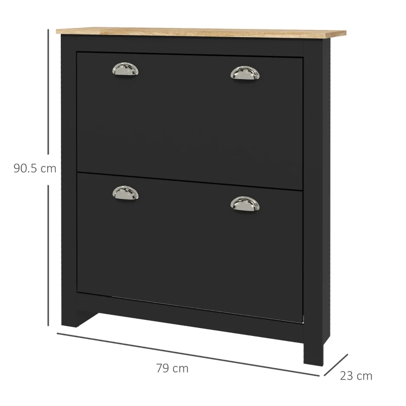 HOMCOM 2 Drawer Shoe Cabinet Modern Narrow Shoe Cupboard Hallway Wooden Storage Organiser with Flip Doors Adjustable Shelf for 6-12 Pairs, Black