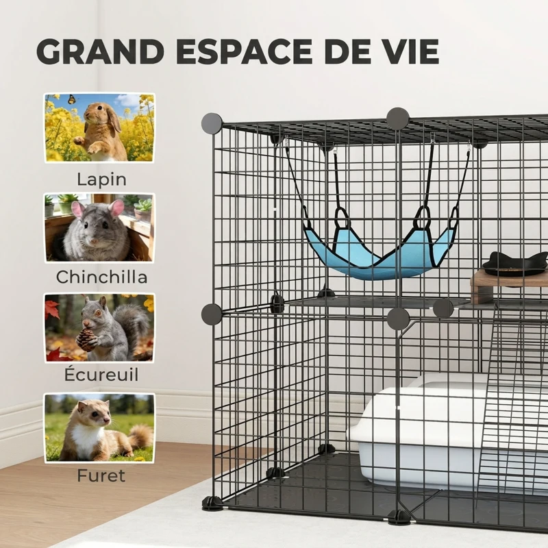 PawHut Enclos pour Chat 70 cm, Cage pour Chat en Acier avec 2 Portes, Design Modulaire DIY pour Chats de moins de 4 kg, 2 Niveaux avec Plateforme et Hamac, Noir