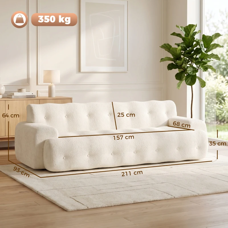 HOMCOM Canapea 3 locuri din chenille 211 cm, canapea living, șezut adânc, livrat comprimat fără asamblare, crem