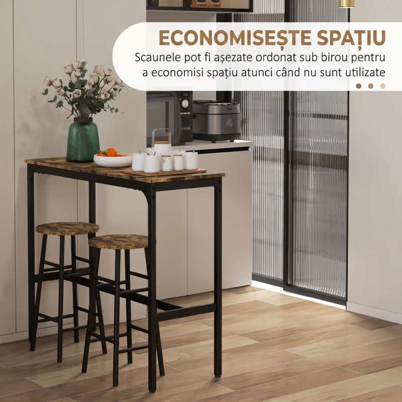 HOMCOM Set Masă Înaltă și 2 Taburete de Bar cu Suport pentru Picioare, Stil Industrial, Negru și Maro