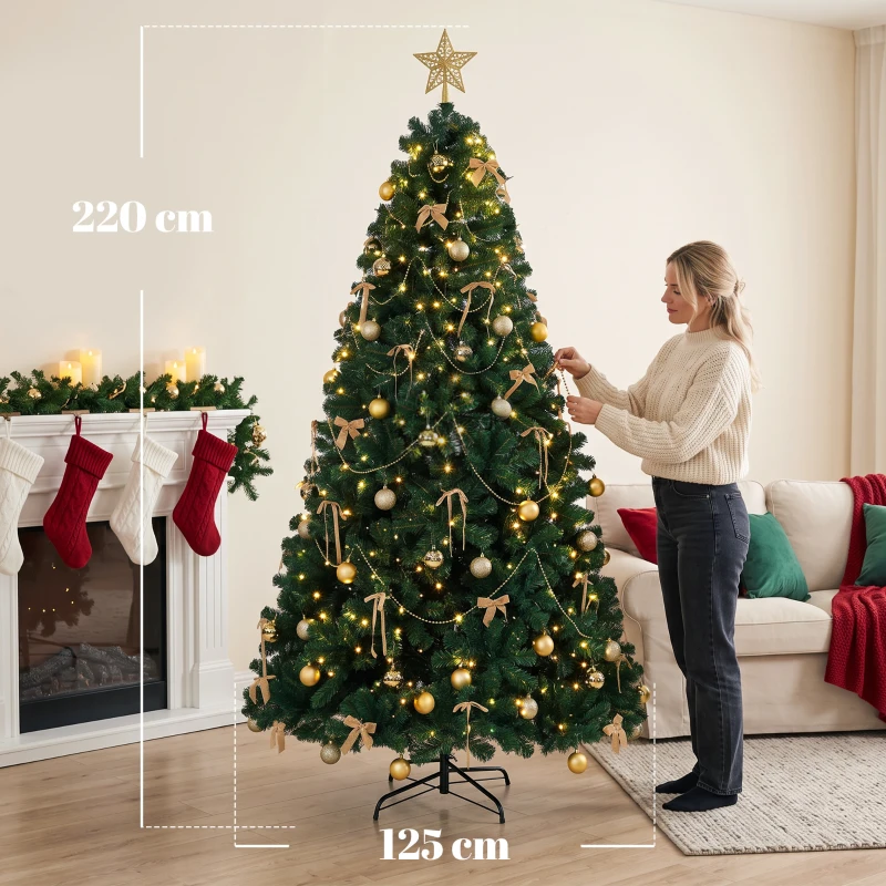 HOMCOM Árbol de Navidad Decorativo 230 cm con 296 LED 755 Ramas Ignífugas Estrella 42 Bolas 30 Lazos Decoración Dorado Verde