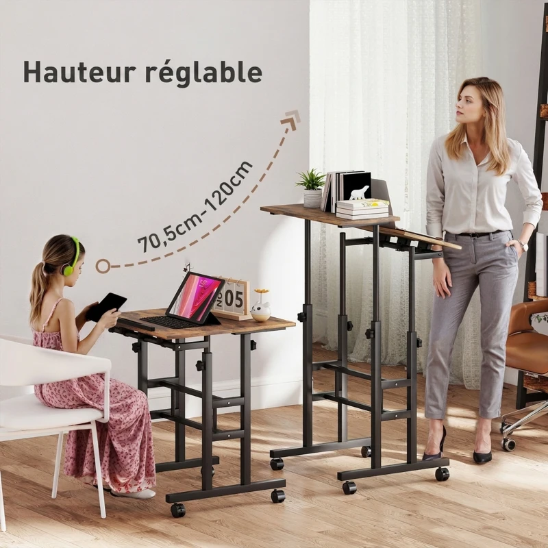 HOMCOM Bureau assis debout bureau réglable en hauteur 60 x 60 cm à roulettes avec plateau inclinable cadre métal brun rustique