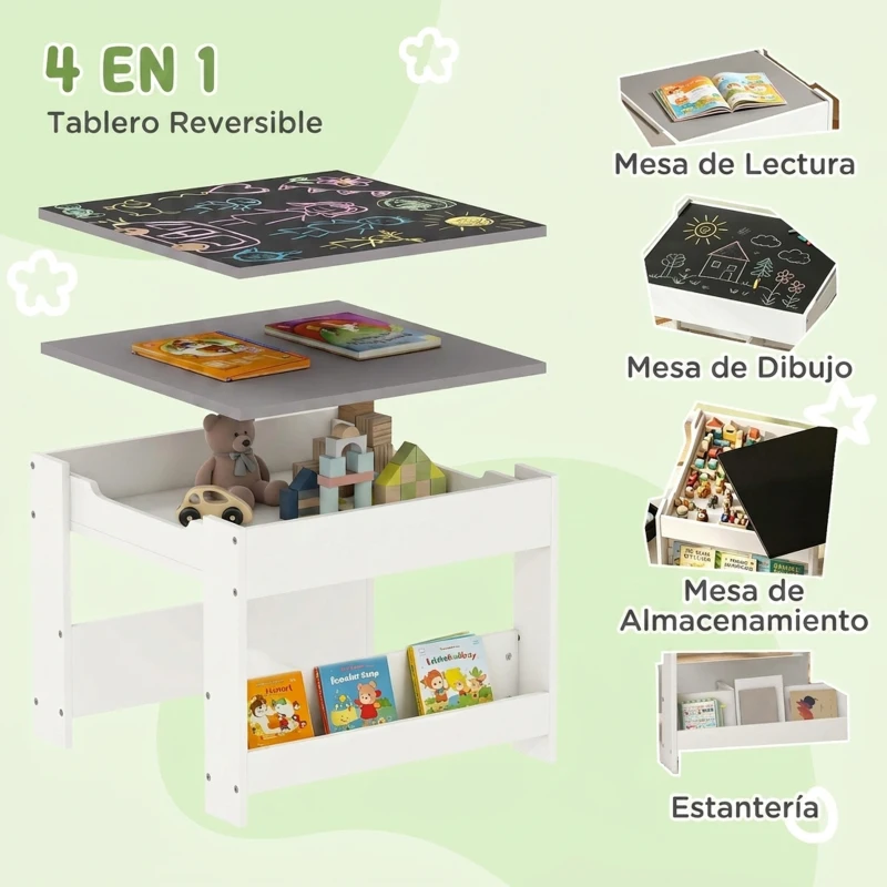 HOMCOM Juego de Mesa con Sillas para Niños 3 en 1 con Pizarra Cajones de Tela y Espacio de Almacenamiento Blanco y Gris