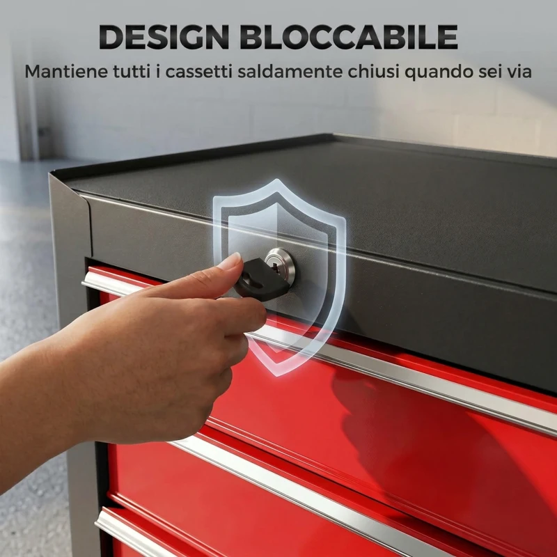 HOMCOM Carrello Porta Attrezzi con 5 Cassetti, Tappetini in EVA, Serratura e 2 Chiavi, 4 Ruote Girevoli, Nero Rosso