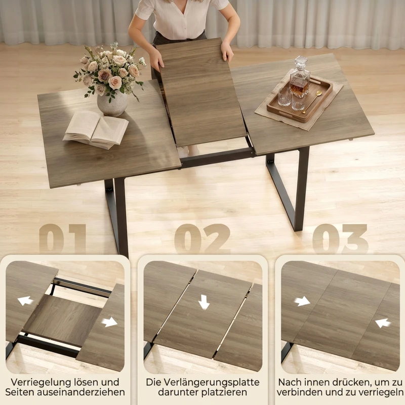 HOMCOM Uitschuifbare eettafel 140-180 cm voor 6-8 personen, rechthoekig in industriële stijl met stalen frame, bruin