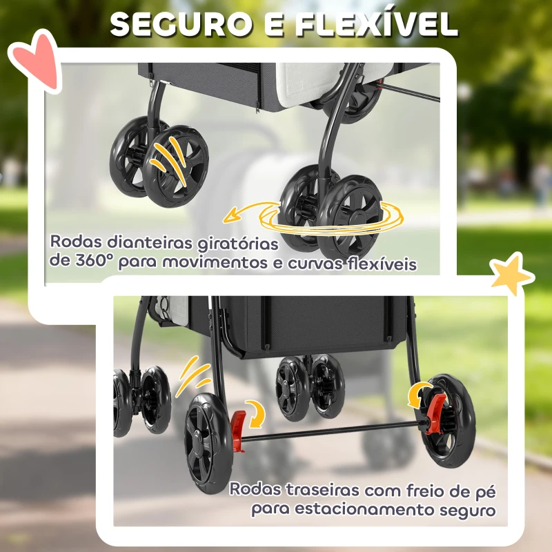 PawHut Carrinho Duplo para Cães e Gatos Dobrável com 2 Transportadoras Removíveis com Cinto e Almofadas 66x50x98 cm Cinzento Escuro