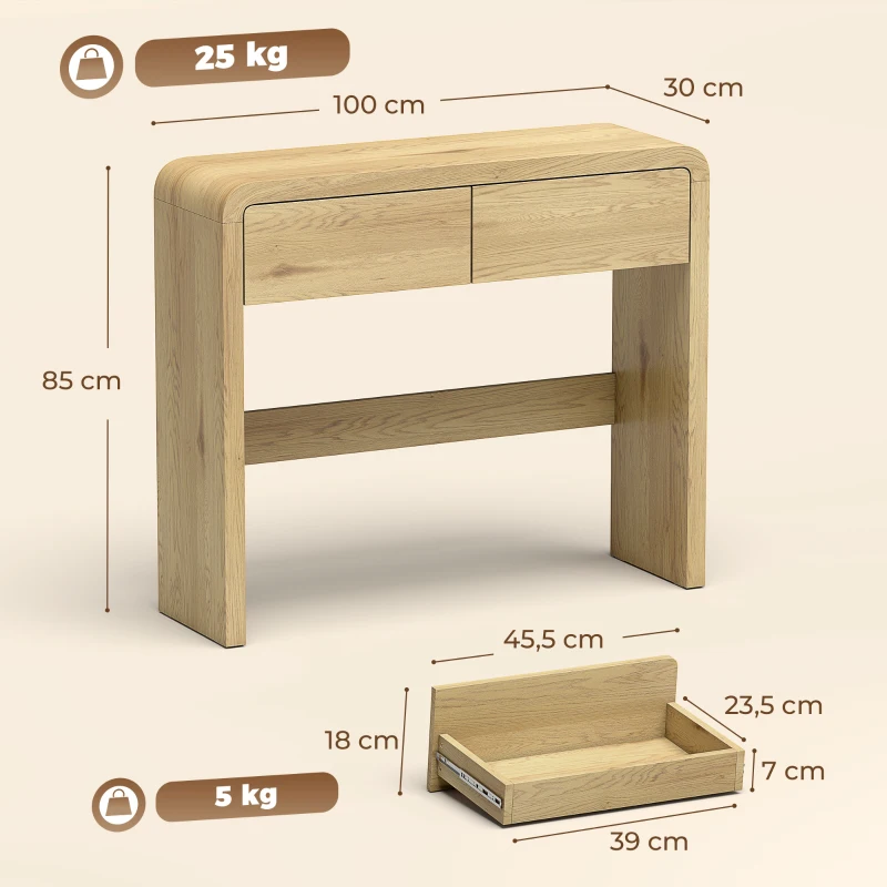 HOMCOM Mesa consola con 2 cajones, mueble consola, 100 x 30 x 85 cm, esquinas redondeadas y tablero grueso, madera natural