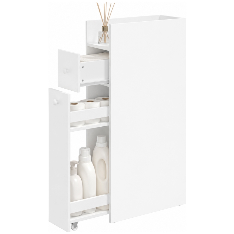 HOMCOM Móvel de Banheiro Compacto 3 Níveis com Gavetas e Rodízios Branco