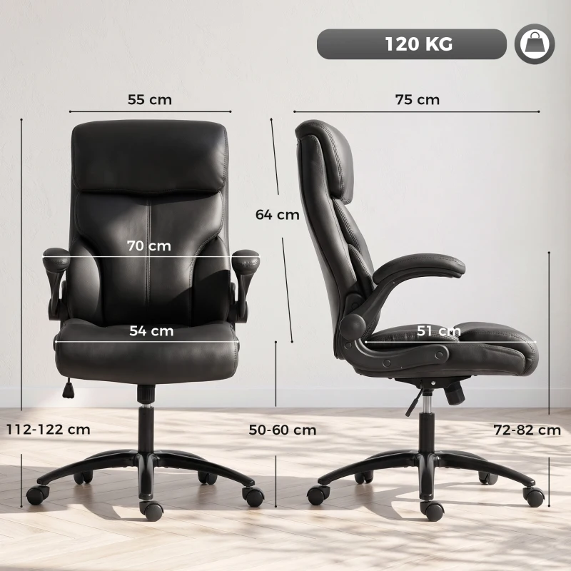 HOMCOM Chaise Bureau Ergonomique avec Accoudoirs Relevables, Fauteuil de Bureau en PU, Hauteur Réglable, Fonction Bascule, Noir
