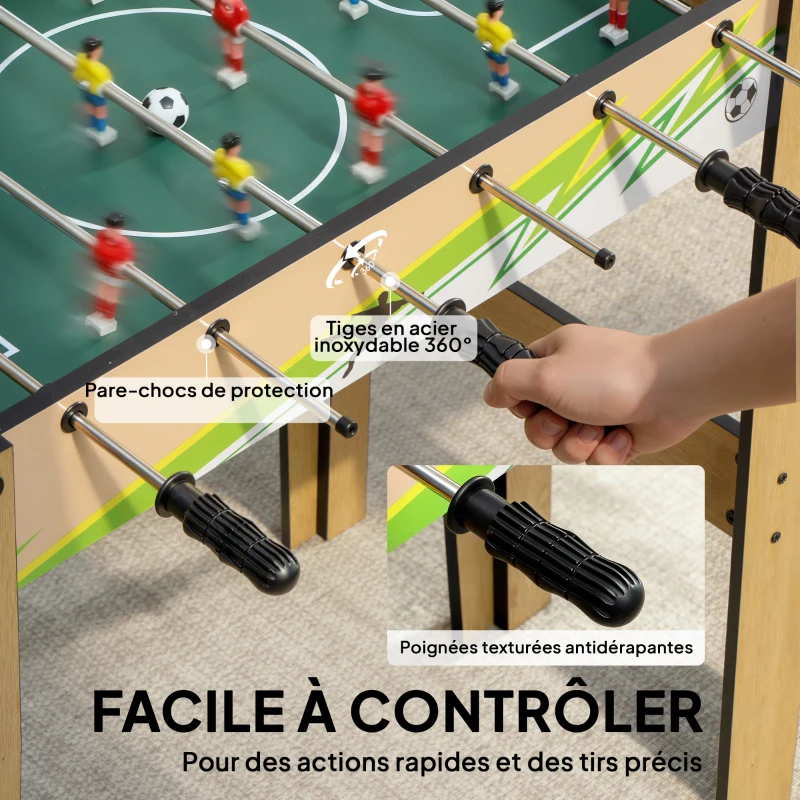 SPORTNOW Baby-Foot Enfant 18 Joueurs 2 Balles, Barres 360°, Poignées Antidérapantes, Compteurs de Score, 75x66x75cm, Bois Naturel