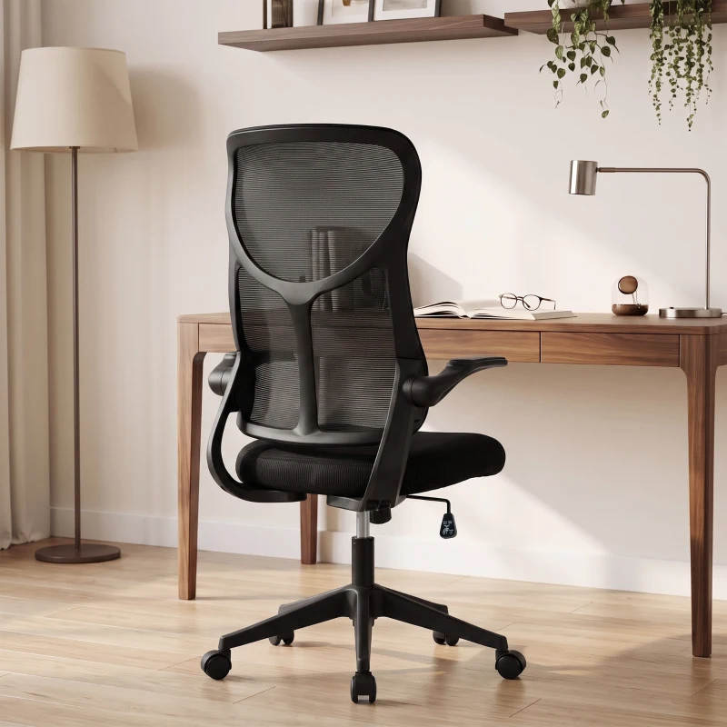 HOMCOM Silla de Escritorio Giratoria de Malla Reposabrazos Abatibles Respaldo Alto Función de Balanceo Altura Ajustable Negro