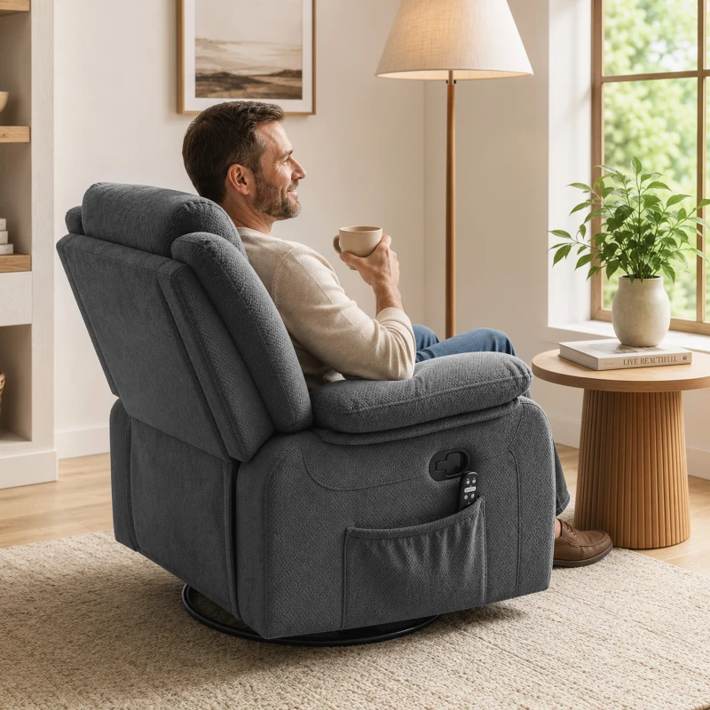HOMCOM Fotoliu relax cu masaj prin vibrații și încălzire, fotoliu rotativ reglabil manual cu funcție de balans și arcuri pocket, Gri