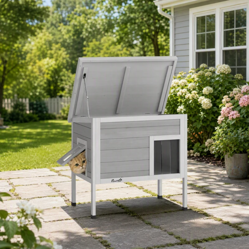 PawHut Outdoor Cat House, Insulated Cat Shelter with Insulated Liner, Waterproof Asphalt Roof, Escape Door, Opening Top