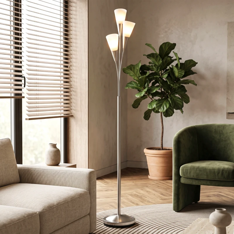 HOMCOM Lampadaire salon 40 W Lampadaire avec interrupteur au pied, 3 x douille E14 pour chambre, bureau, sans ampoule, argent