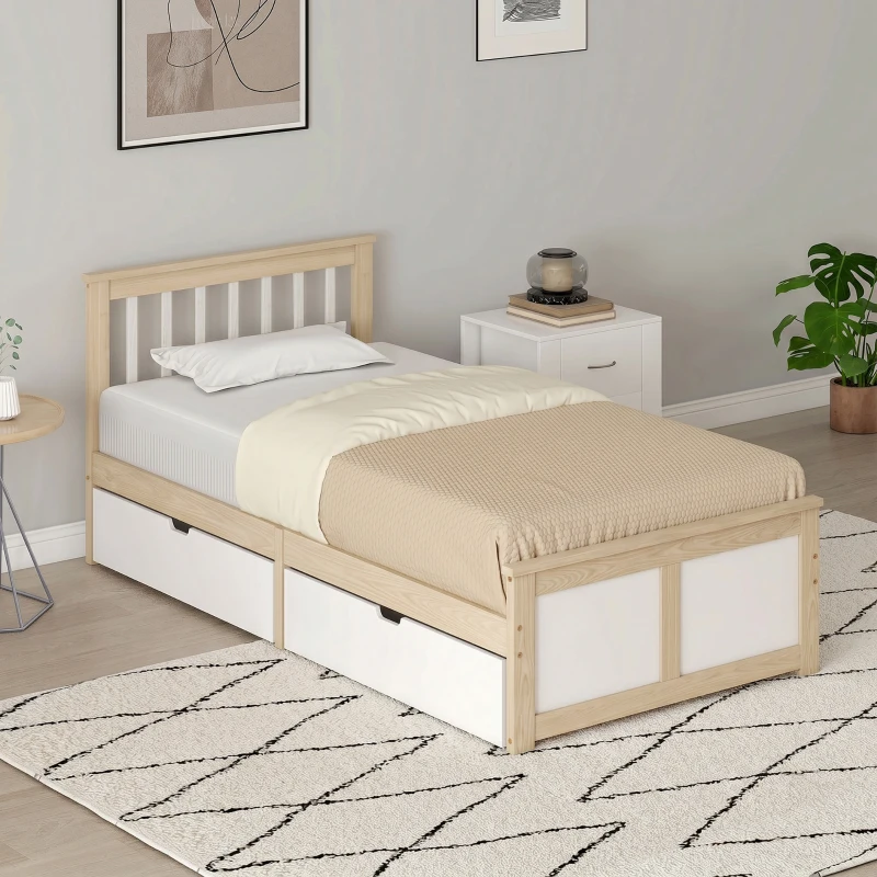 HOMCOM Pine Storage Bed, 3ft Single Solid Wooden Bed Frame with Drawers, Headboard, Wood Slat Support, Natural Wood Finish