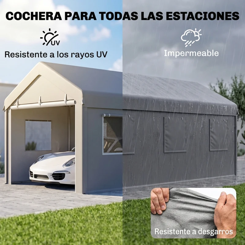 Outsunny Garaje Exterior para Coche 6x3 m Impermeable con Tejido PE Resistente Marco de Acero Paredes Desmontables Gris Claro
