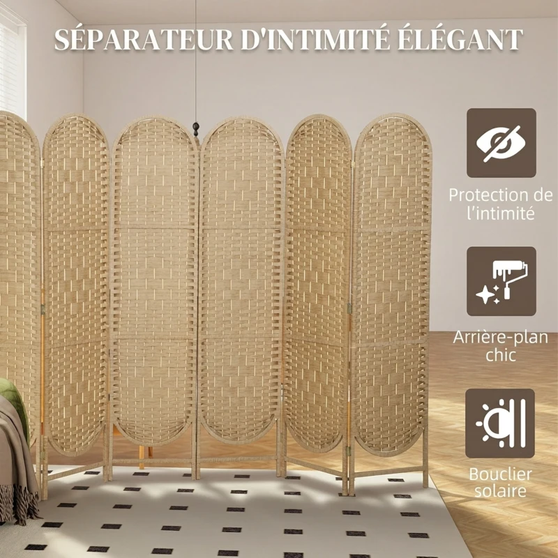 HOMCOM Paravent interieur ovale 6 panneaux 240 x 170 cm séparateur de pièce pliable, léger et tissé, bois naturel