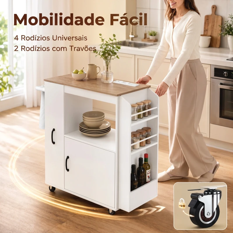 HOMCOM Carrinho de Cozinha com Rodas Estação de Carregamento Armário Organizador Extraível Porta-Especiarias e Barra para Panos 80x40x88 cm Branco