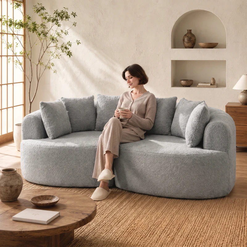 HOMCOM 3-Sitzer-Sofa rahmenlos mit tiefer Sitzfläche, 6 Kissen, geschwungenes Design, Chenille, Hellgrau