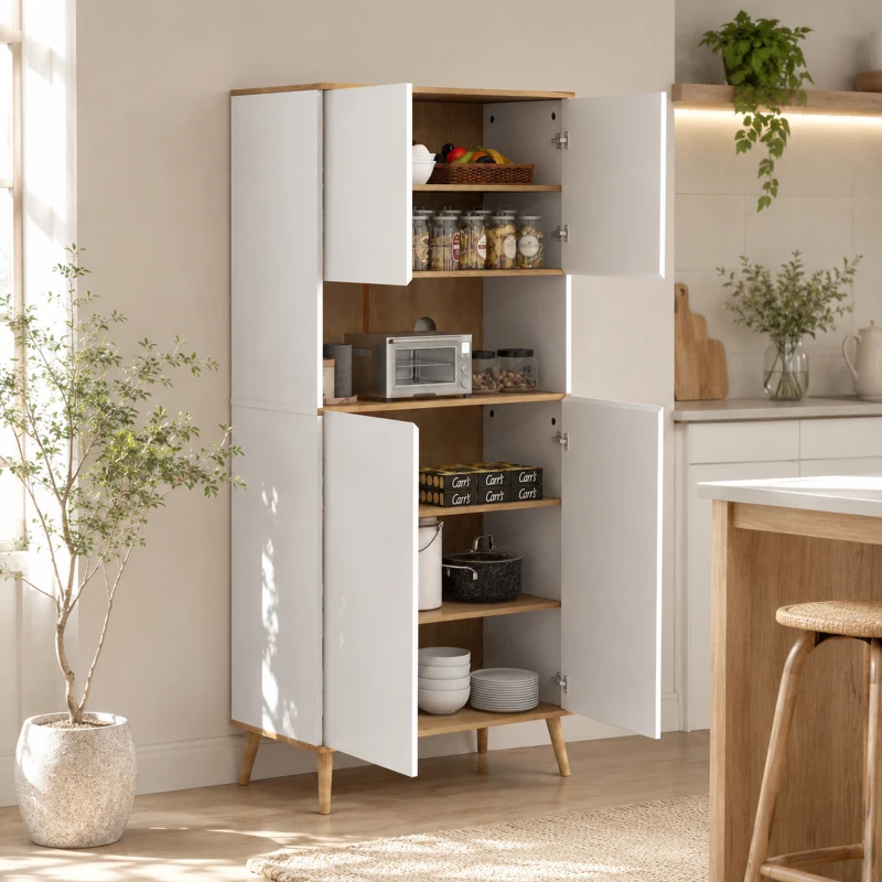 HOMCOM Armário de Cozinha com 4 Portas Bancada para Micro-Ondas Prateleiras Ajustáveis Orifício para Cabos 80x40x178 cm Branco
