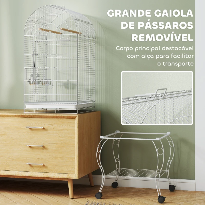 PawHut Gaiola para Pássaros com Rodas e Estante 51x51x153 cm com Parte Superior Rebatível Comedouros e Bandeja Removível Branco