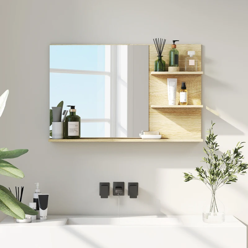 kleankin Espejo de Baño de Pared con 2 Estantes Laterales y Estante Inferior para Entrada Pasillo 75x10x48 cm Madera Natural