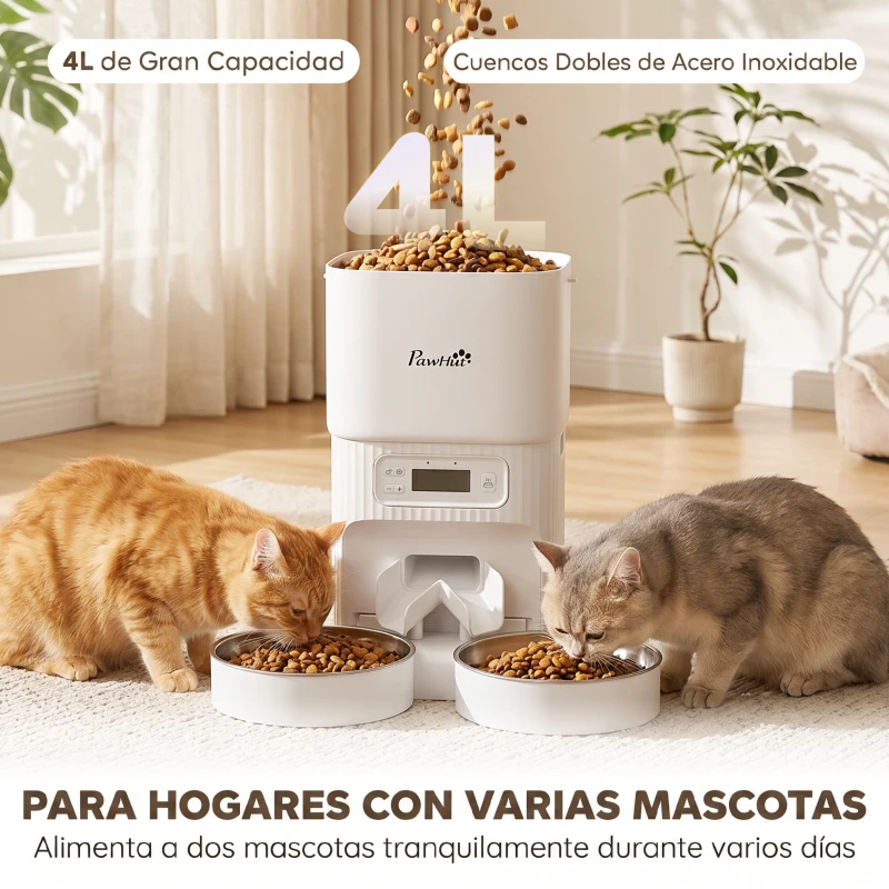 PawHut Comedero Gato Automático 4L Dispensador Comida para Gatos/Perros 1-6 Comidas al Día 2 Cuencos 2 Fuentes de Alimentación