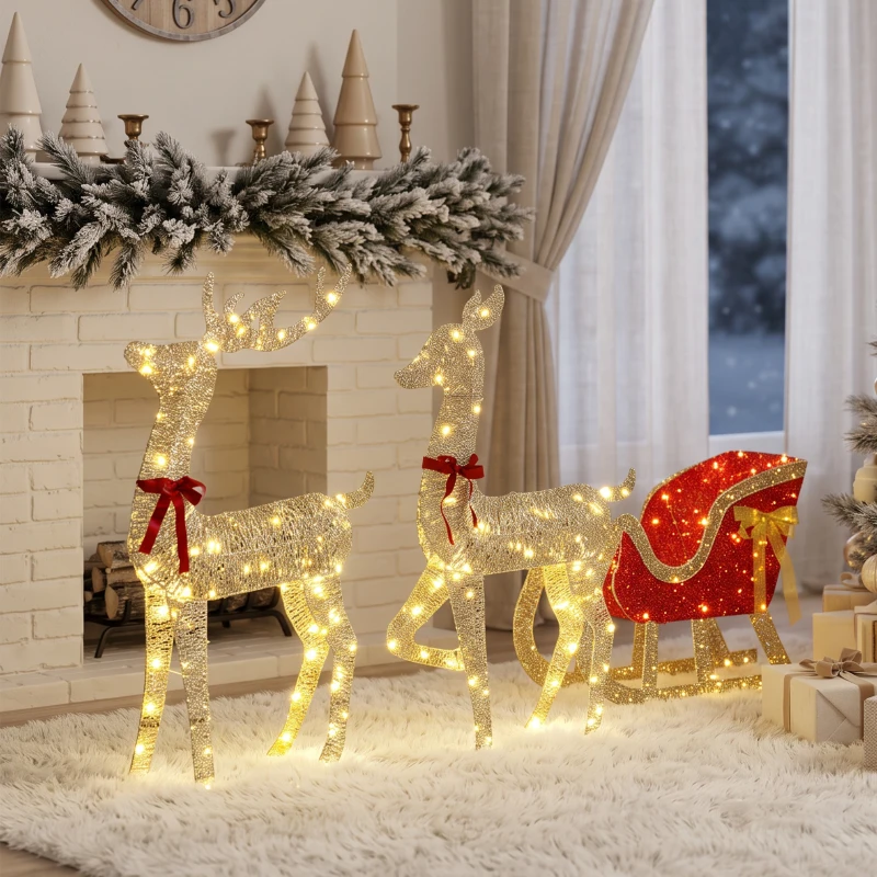 Outsunny Außen-Weihnachtsrentier mit 3D-Schlitten, 3-teilig, mit 200 warmweißen LEDs, 8 Modi und Timer