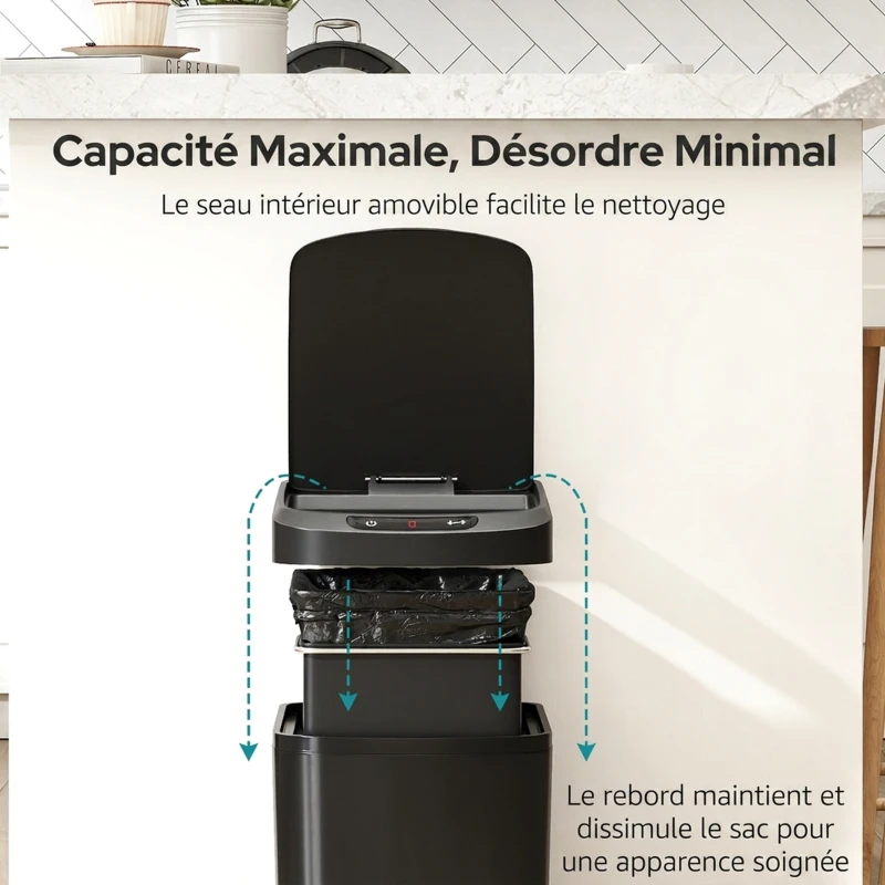 HOMCOM Poubelle de Cuisine Automatique 12 L en Acier Inoxydable, Poubelle à Capteur avec Couvercle, 28 x 22 x 41 cm, Noir