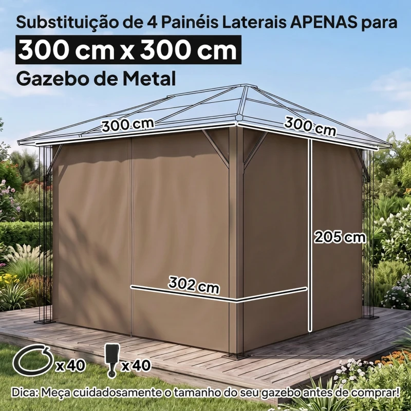 Outsunny 4 Paredes Laterais para Tenda 302x205 cm Laterais para Tenda Universal com Ganchos e Argola em C para Jardim Terraço Marrom
