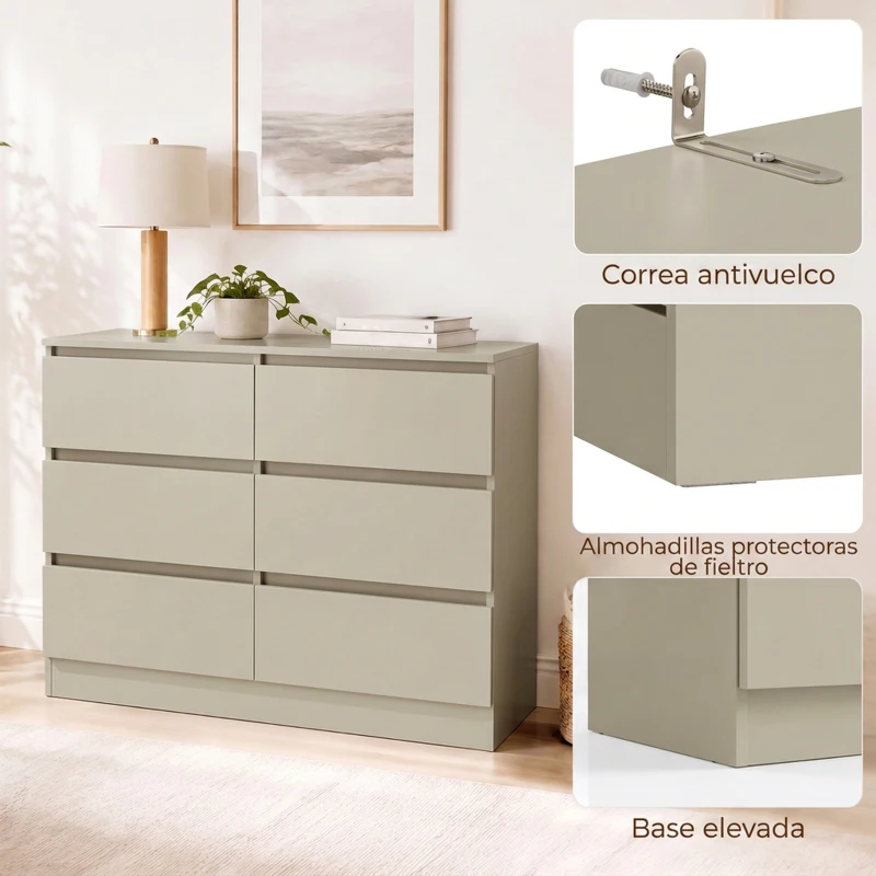 HOMCOM Cómoda de 6 Cajones Sinfonier Moderno, Soporte para TV hasta 47 Pulgadas 100x35x69 cm Marrón Claro