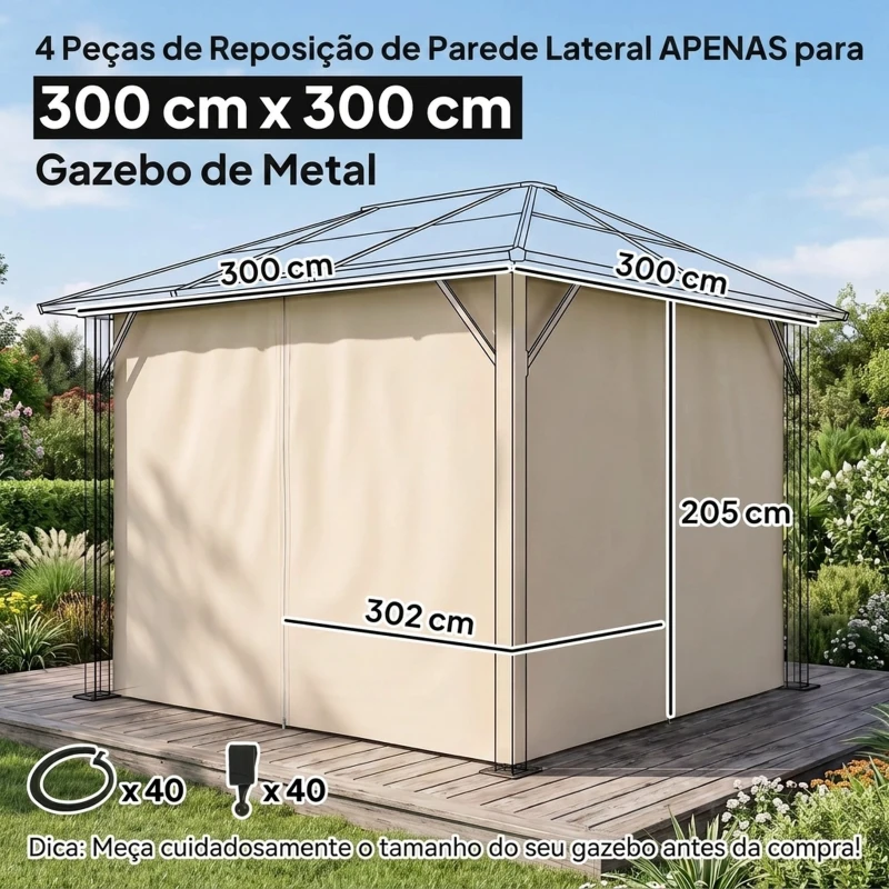 Outsunny 4 Paredes Laterais para Tenda 302x205 cm Laterais para Tenda Universal com Ganchos e Argola em C para Jardim Terraço Bege