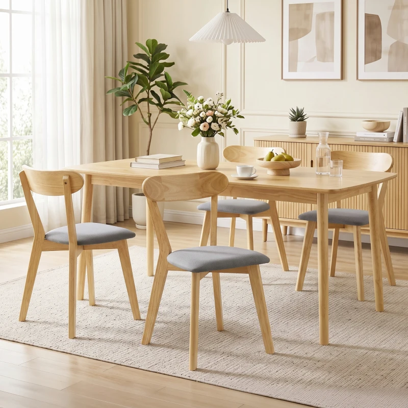 HOMCOM Set de 4 scaune de sufragerie, scaune de bucătărie, șezut căptușit cu țesătură cu aspect de in, spătar curbat, gri și lemn natural