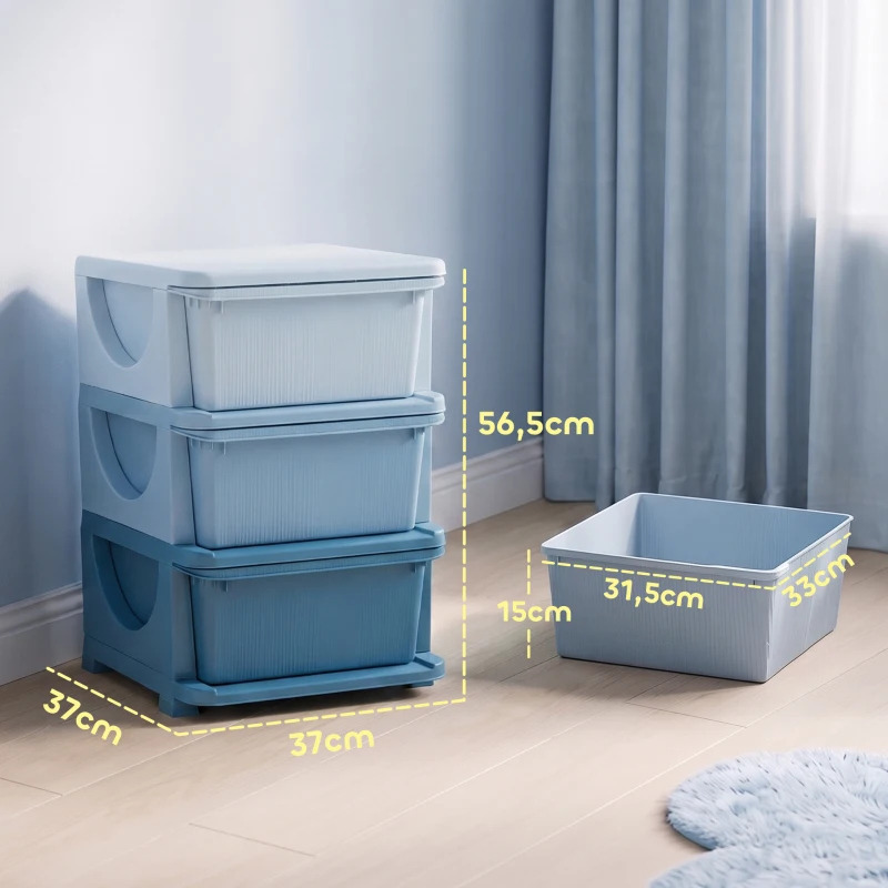 HOMCOM Torre de Almacenamiento Infantil con 3 Cajones, Organizador de Juguetes para Niños de +3 Años, con Bordes Redondeados y Asas, para Guardería, Sala de Juegos, Dormitorio, 37x37x56,5 cm, Azul