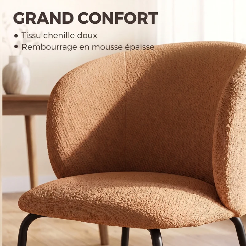 HOMCOM Lot de 2 Chaises Salle à Manger Rembourrées en Chenille, Dossier Incurvé, Pieds Métal, Style Moderne, 57x58x77cm, Orange