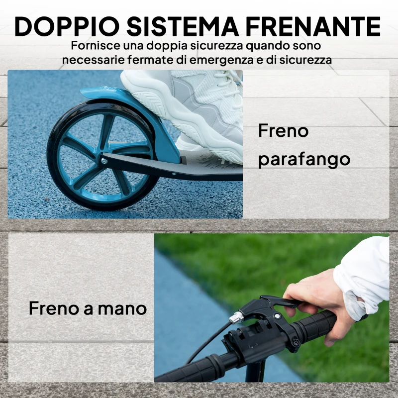 HOMCOM Monopattino Adulto Pieghevole con Manubri Regolabili, in Alluminio, Ruote Grandi di 200 mm, Ammortizzatore, Doppio Freno, Portata 100 kg, Blu