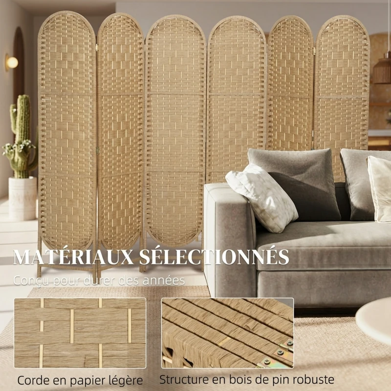 HOMCOM Paravent interieur ovale 6 panneaux 240 x 170 cm séparateur de pièce pliable, léger et tissé, bois naturel